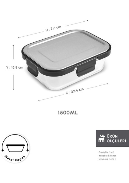 Gri 1500 ml Metal Kapaklı Cam Saklama Kabı, dayanıklı ve şık tasarım, 2'li set fiyatları