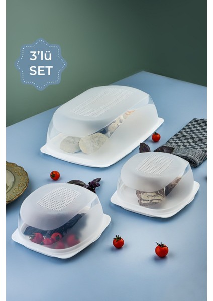 3'lü Kapaklı Servis Tabağı Seti, Ekmek ve İkram için, Beyaz, Plastik, 12,8 L
