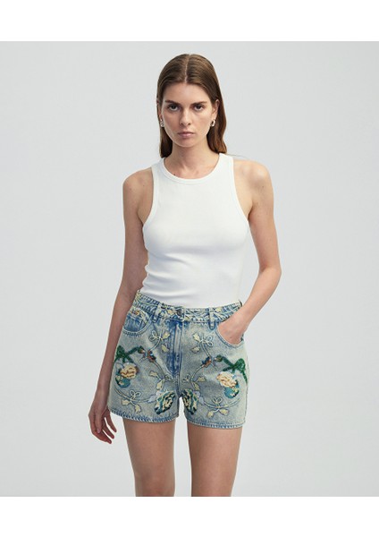 Floral Nakışlı Denim Şort IS1250013051089