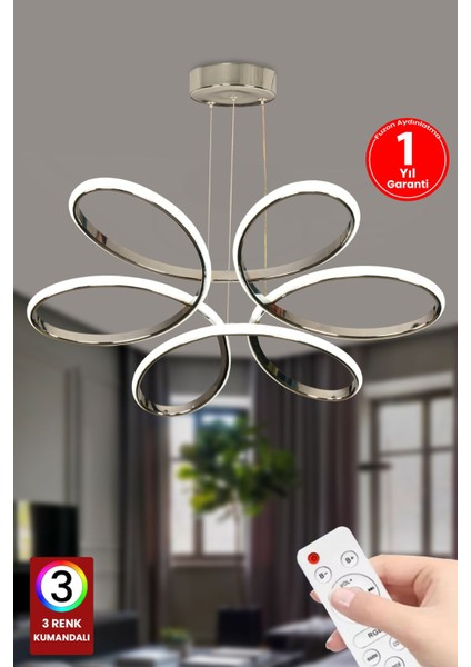 3 Renk Kumandalı Krom Gümüş Salon LED Avize Orkide Ledli Avize Büyük Salon Avizesi