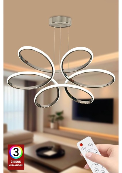 3 Renk Kumandalı Krom Gümüş Salon LED Avize Orkide Ledli Avize Büyük Salon Avizesi