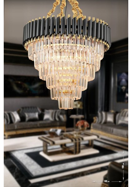 Palmira 60 cm 'lik Kristal Taşlı Lüks Avize 6'lı - (Siyah-Gold)