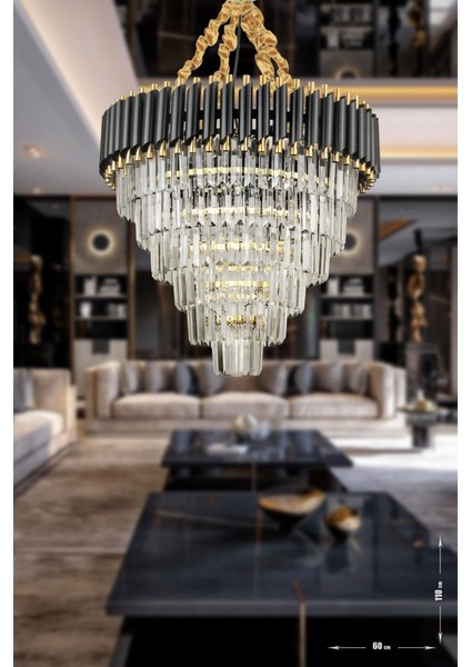 Palmira 60 cm 'lik Kristal Taşlı Lüks Avize 6'lı - (Siyah-Gold)