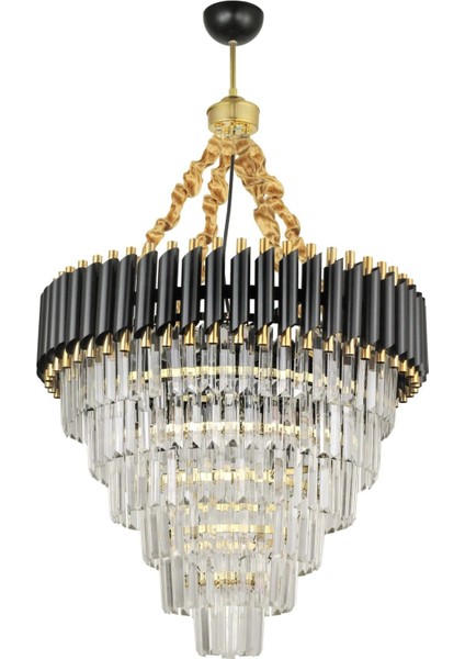 Palmira 60 cm 'lik Kristal Taşlı Lüks Avize 6'lı - (Siyah-Gold)