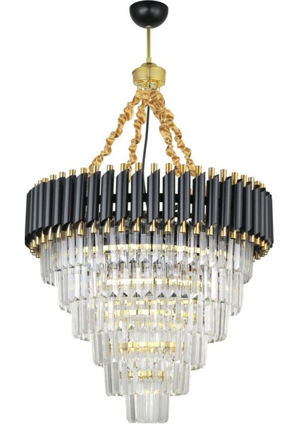 Palmira 60 cm 'lik Kristal Taşlı Lüks Avize 6'lı - (Siyah-Gold)