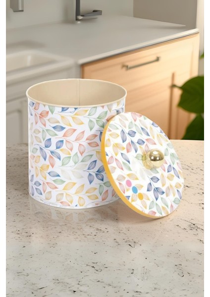 Yuvarlak Metal Saklama Kabı, 14 cm, Leaf Desenli, Şık ve Dayanıklı, 2,4 L, Beyaz