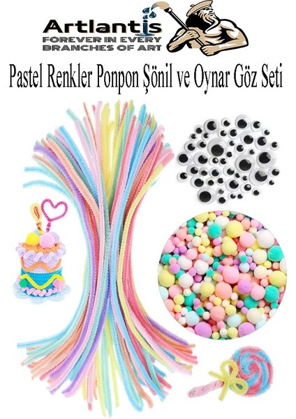 Pastel Renkli Şönil Ponpon Oynar Göz Seti 1 Pkt Karışık Pastel Renkler Tüylü Peluş Tel Ponpon Elişi Hobi Okulöncesi Kreş