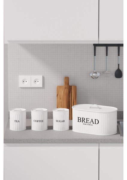 4 Lü Ekmeklik Set Metal Kapak Çay Kahve Şeker Tezgah Üstü Dolap Içi Set Saklama Kabı