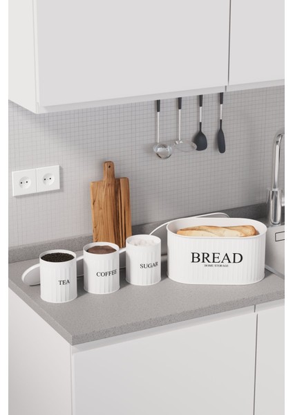 4 Lü Ekmeklik Set Metal Kapak Çay Kahve Şeker Tezgah Üstü Dolap Içi Set Saklama Kabı