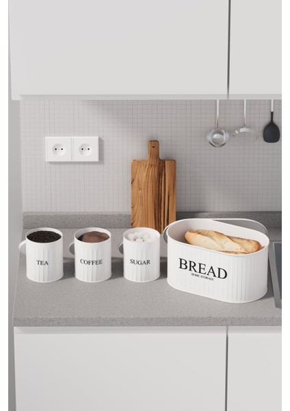 4 Lü Ekmeklik Set Metal Kapak Çay Kahve Şeker Tezgah Üstü Dolap Içi Set Saklama Kabı