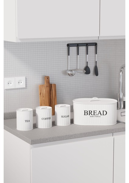 4 Lü Ekmeklik Set Metal Kapak Çay Kahve Şeker Tezgah Üstü Dolap Içi Set Saklama Kabı