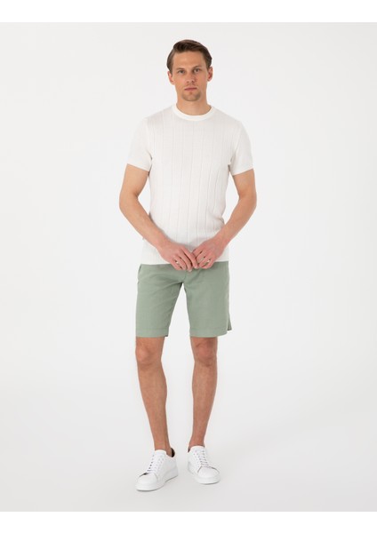 Erkek Ekru Slim Fit %100 Pamuk Bisiklet Yaka Triko Tişört 50307312-VR019