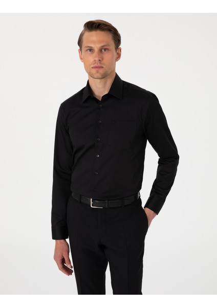 Erkek Siyah Regular Fit Uzun Kollu Basic Gömlek 50302972-VR046