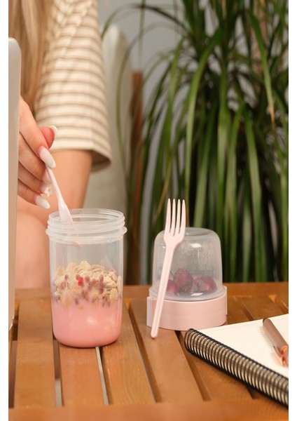 Pembe Pudra 4'lü Saklama ve Yemek Kabı, Kırmızı, Plastik, 650 ml, Kaşıklı ve Çatallı fırsatları
