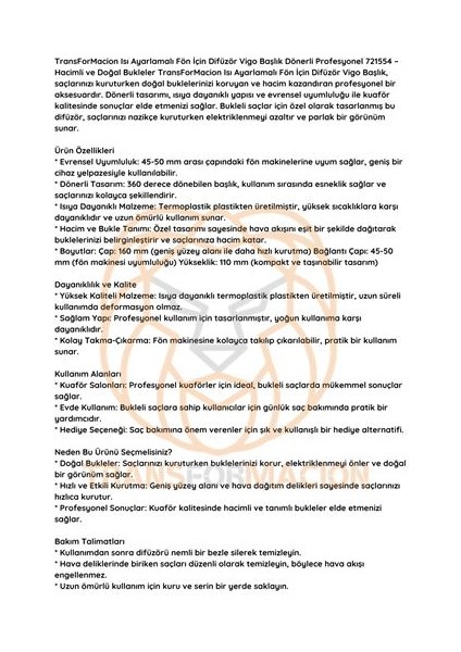 Isı Ayarlamalı Fön Için Difüzör Vigo Başlık Dönerli Profesyonel