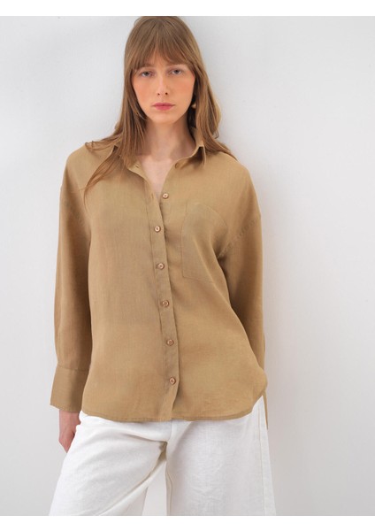 Camel Oversize Keten Basic Gömlek
