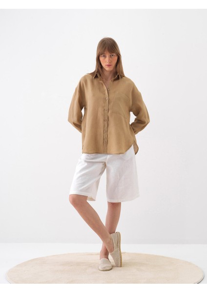 Camel Oversize Keten Basic Gömlek