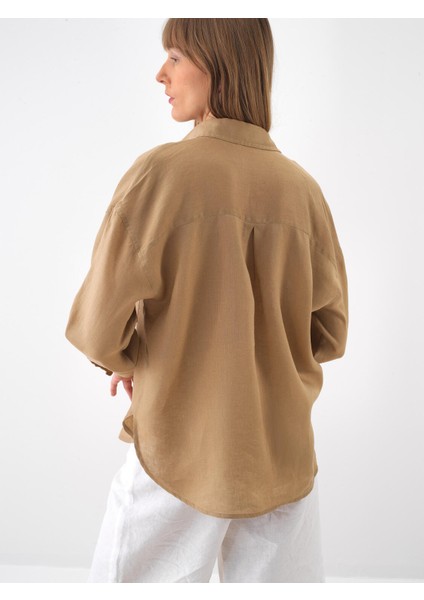 Camel Oversize Keten Basic Gömlek