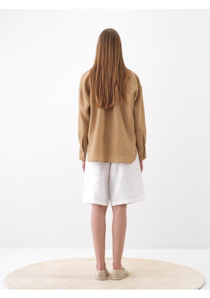 Camel Oversize Keten Basic Gömlek