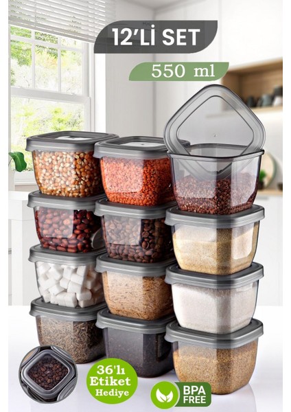 12'li gri kare saklama kabı seti, sızdırmaz kapaklı, 550 ml, dayanıklı plastik, şık tasarım
