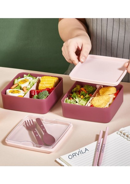 İki Katlı Kare Saklama Kabı Seti, Pratik ve Şık, 2'li, Plastik, 500-999 ml, Bordo