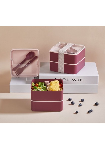 İki Katlı Kare Saklama Kabı Seti, Pratik ve Şık, 2'li, Plastik, 500-999 ml, Bordo fırsatları