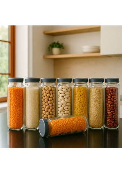 8'li Gri Kapaklı Çizgili Cam Kavanoz Seti, Mutfak ve Saklama için ideal organizer