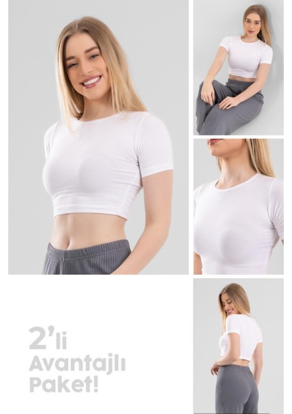 Kadın Pamuklu Bisiklet Yaka Kısa Kol Düz Basic Crop Tişört 2'li Paket 6221 Beyaz
