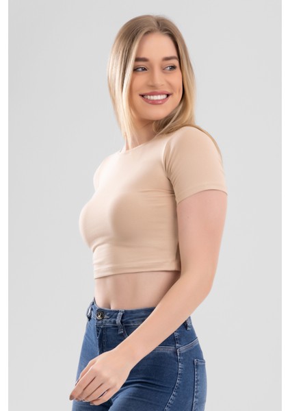 Kadın Pamuklu Bisiklet Yaka Kısa Kol Düz Basic Crop Tişört 2'li Paket 6221 Ten Rengi modelleri