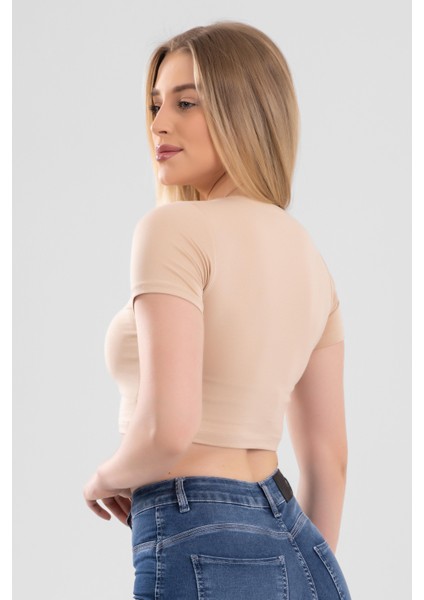 Kadın Pamuklu Bisiklet Yaka Kısa Kol Düz Basic Crop Tişört 2'li Paket 6221 Ten Rengi fırsatları