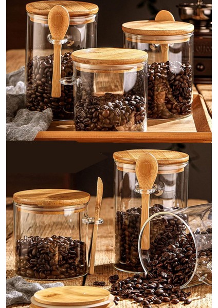 Bambu Kapaklı 450 ml Cam Kavanoz ve Kaşıklı Saklama Seti, Sağlıklı ve Şık Tasarım