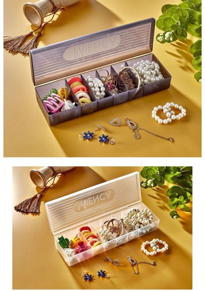 Şeffaf 6 Bölmeli Takı ve Yüzük Kutusu, Kapaklı, Çekmeceli, Plastik, 31-49 ml