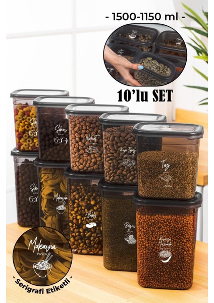 Beyaz Serigrafi Etiketli 10'lu Dikdörtgen Saklama Kabı Seti, Antrasit, 5x1500-1150 ml