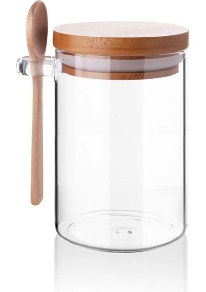 600 ml Bambu Kapaklı Yuvarlak Cam Kavanoz Kaşıklı 1 Adet