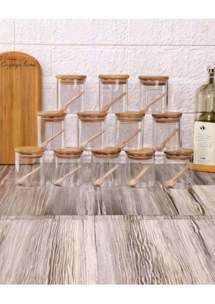 Bambu Silikonlu Vakumlu Kapaklı Borosilikat Cam Baharatlık - 250 ml Baharat Takımı 12'li Set
