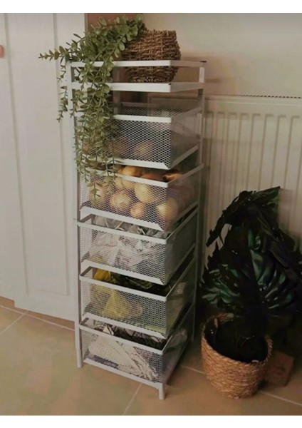 Lux Metal Beyaz 5 Katlı Tekerlekli Sebzelik Meyvelik Patates Soğanlık Dekoratif Görünüm Organizer