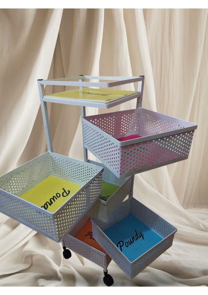 Lux Metal Beyaz 5 Katlı Tekerlekli Sebzelik Meyvelik Patates Soğanlık Dekoratif Görünüm Organizer