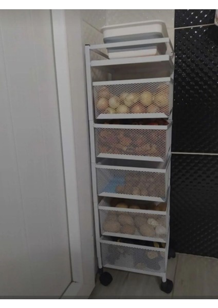 Lux Metal Beyaz 5 Katlı Tekerlekli Sebzelik Meyvelik Patates Soğanlık Dekoratif Görünüm Organizer