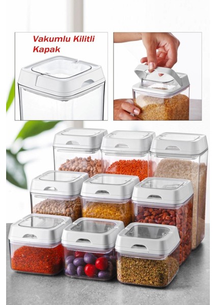9'lu Set Kare Tam Vakumlu, Kilit Kapak Erzak Saklama Kabı