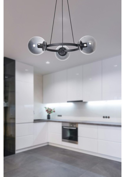 Owen Modern Tasarım Mutfak Yatak Odası Salon Oturma Odası Siyah Renk Füme Camlı 3 Lü Avize