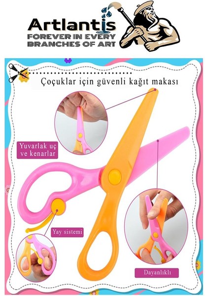 Renkli Kağıt Makası 4 Adet Plastik Yaylı Küt Uç Korumalı Okul Makası Çocuk Makası Okul Öncesi Kreş Ana Sınıfı