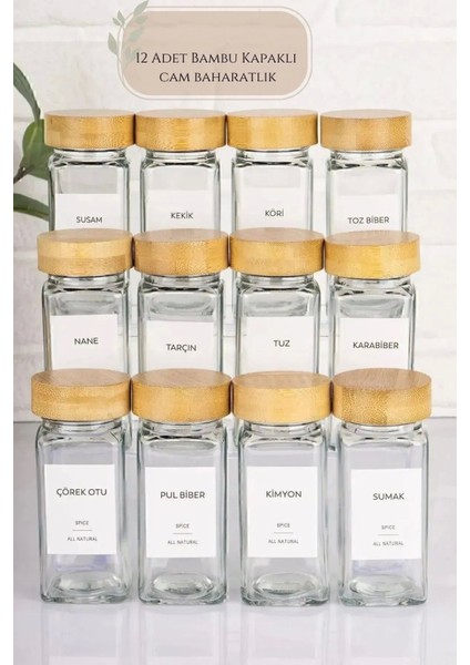 12'li Bambu Kapaklı Cam Kare Baharatlık Takımı, Şık ve Pratik Serpme Set, 120 ml