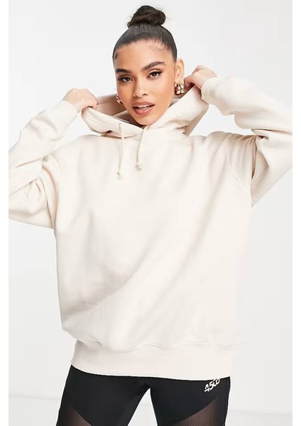 Sportswear Fleece Hoodie Oversized Kapüşonlu Bol Kesim Sweatshirt Ekru