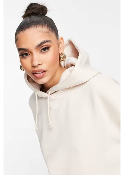 Sportswear Fleece Hoodie Oversized Kapüşonlu Bol Kesim Sweatshirt Ekru modelleri