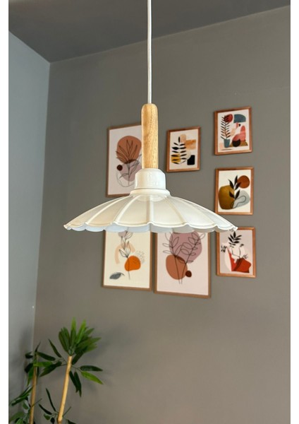 Risso Beyaz Tekli Metal Avize Ahşap Başlık Cafe Mutfak Modern Dekoratif Sarkıt Aydınlatma