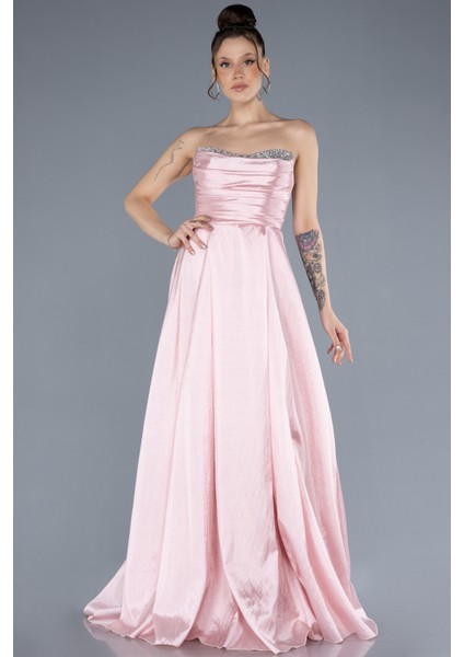 Taşlı Straplez Yaka Uzun Tafta Abiye Elbise ABU4579