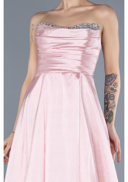 Taşlı Straplez Yaka Uzun Tafta Abiye Elbise ABU4579 modelleri