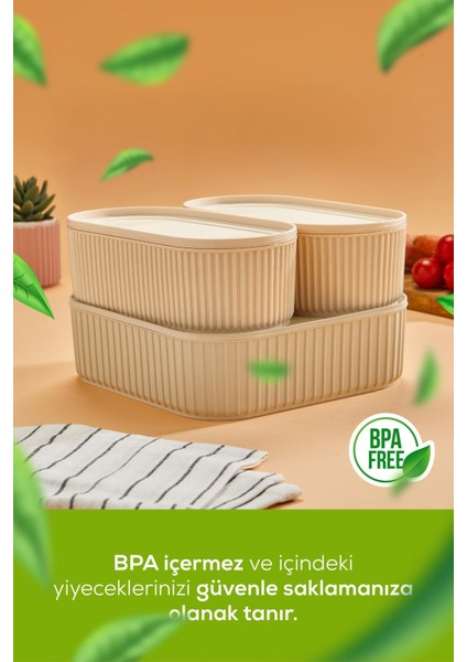 3'lü Elastik Bantlı Istiflenebilir Pratik Saklama Kabı Seti 2X(1100 Ml) 1X(2600 Ml) Bej