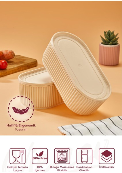3'lü Elastik Bantlı Istiflenebilir Pratik Saklama Kabı Seti 2X(1100 Ml) 1X(2600 Ml) Bej
