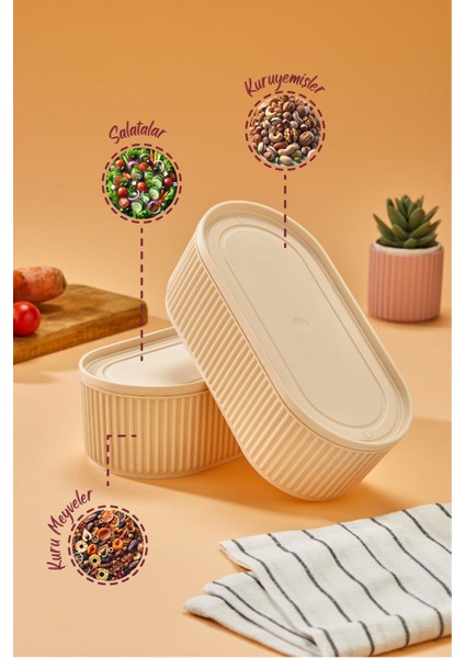 3'lü Elastik Bantlı Istiflenebilir Pratik Saklama Kabı Seti 2X(1100 Ml) 1X(2600 Ml) Bej